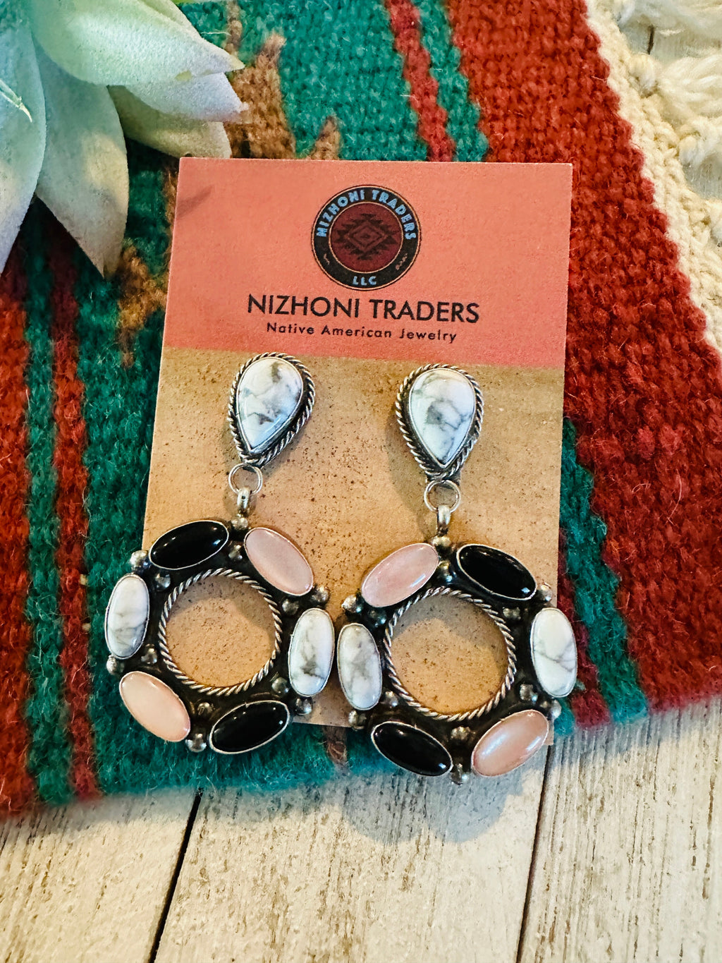 Navajo White Buffalo, Onyx, Mother of Pearl and Sterling Silver Dangle Earrings
