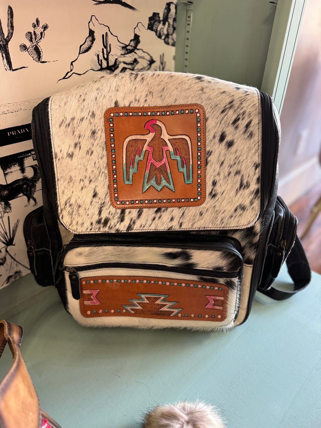 thunderbird tooled cowhide backpack