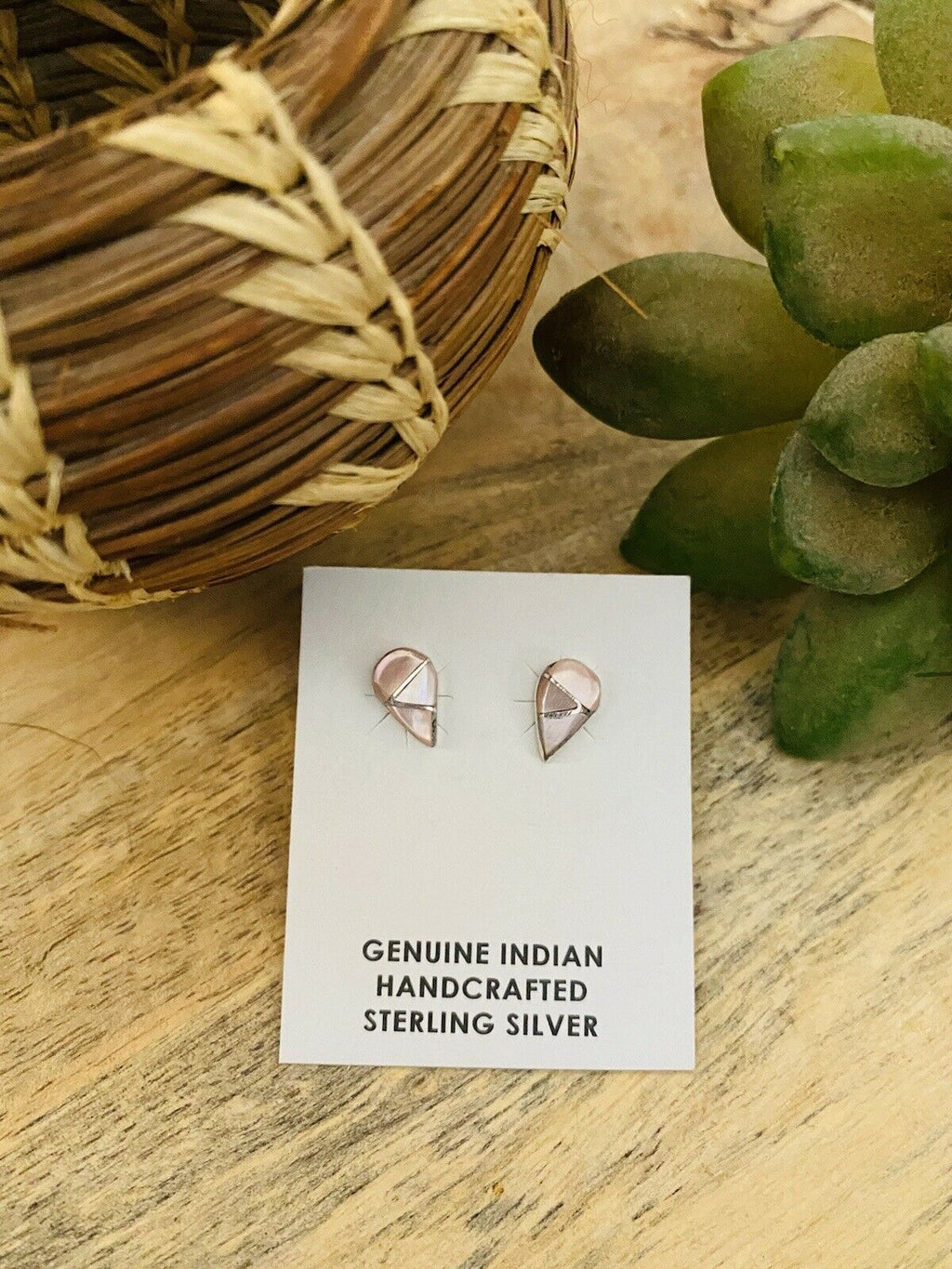 Zuni Sterling Silver & Mother Of Pearl Inlay Tear Drop Pink Stud Earrings