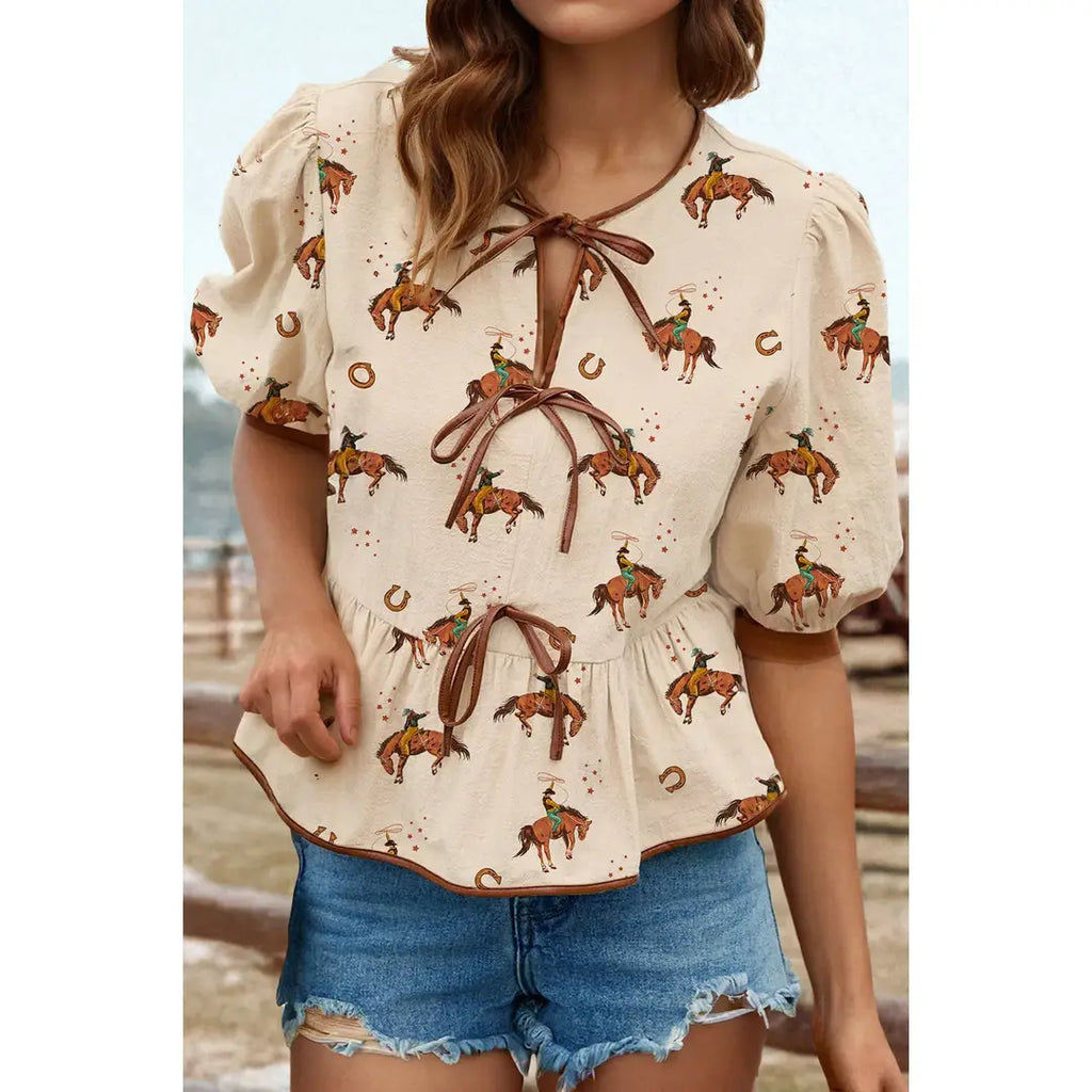 Western Cowboy Print Puff Sleeve Bowknot Babydoll Blouse