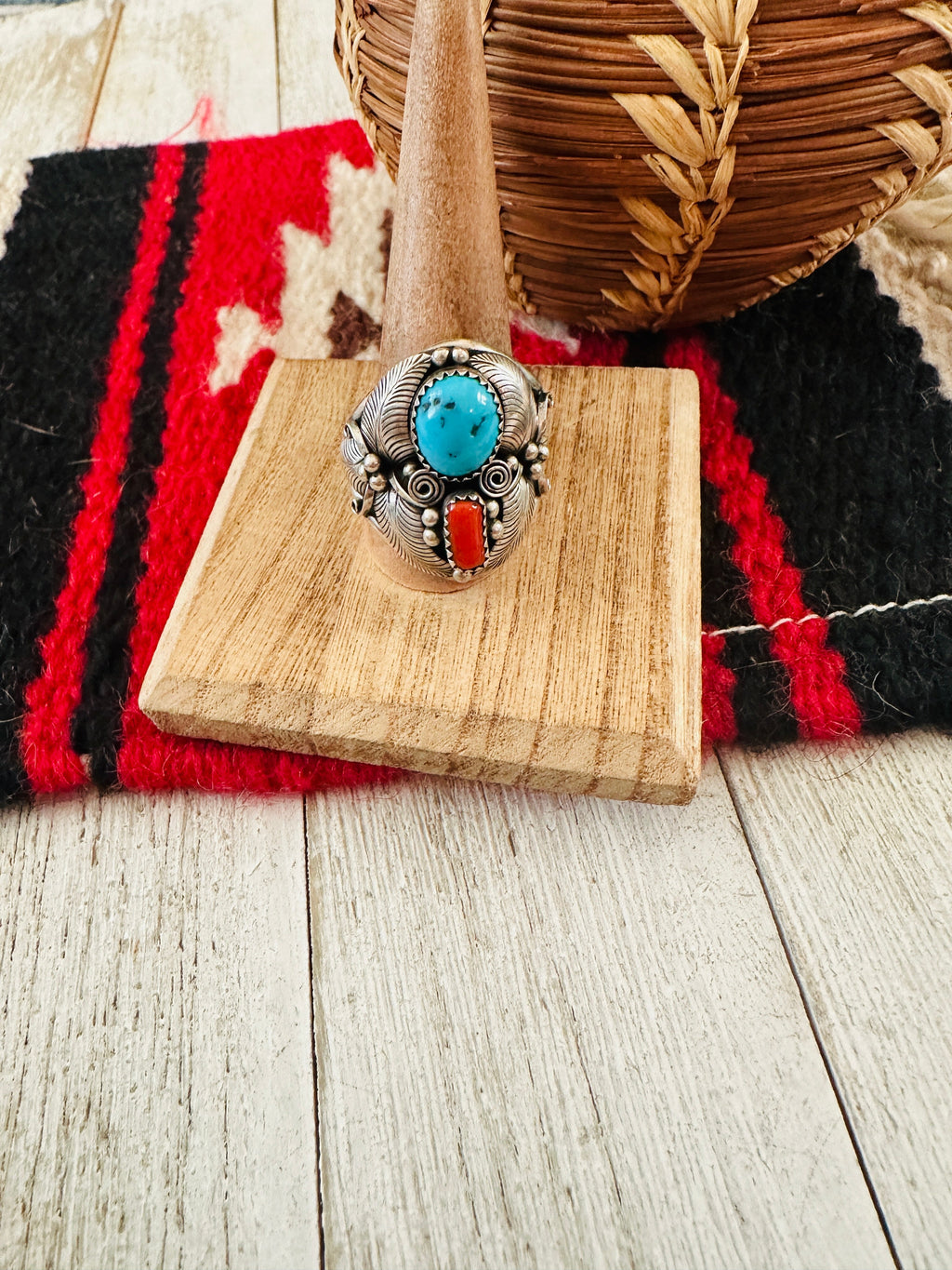 Old Pawn Vintage Navajo Sterling Silver, Kingman Turquoise & Coral Ring Size 12