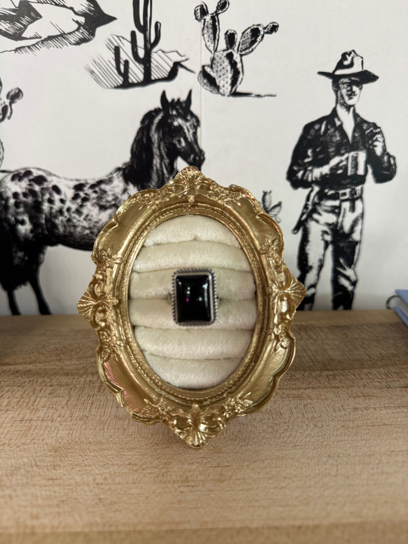 Navajo Handmade Sterling Silver Black Onyx Adjustable Ring Size 7 To 10