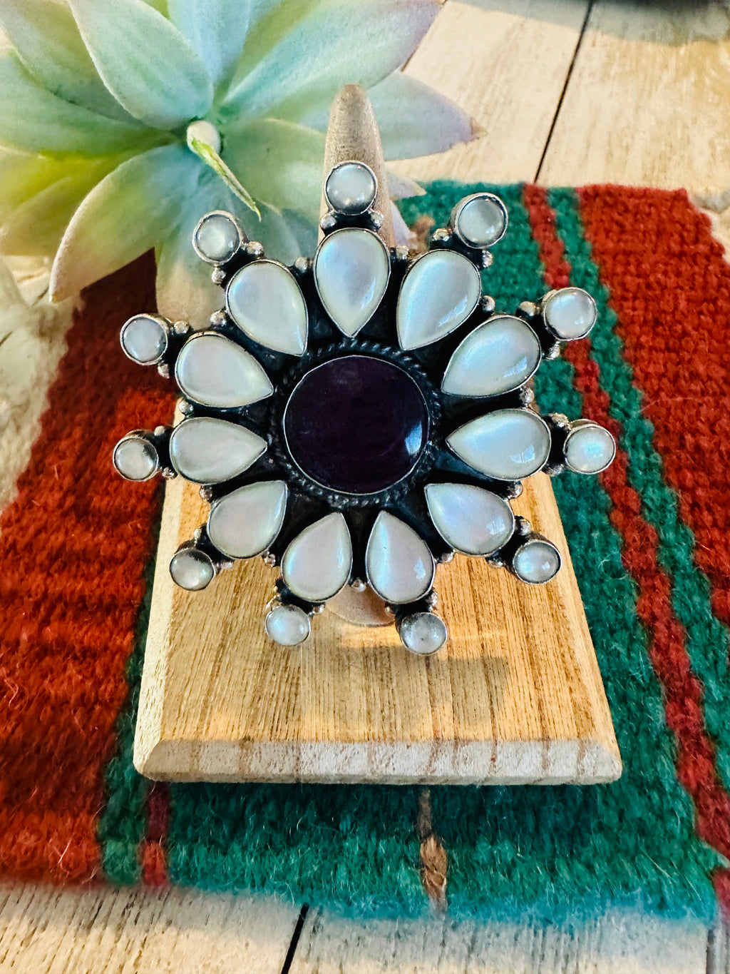Navajo Sterling Silver, Mother of Pearl & Spiny Cluster Adjustable Ring
