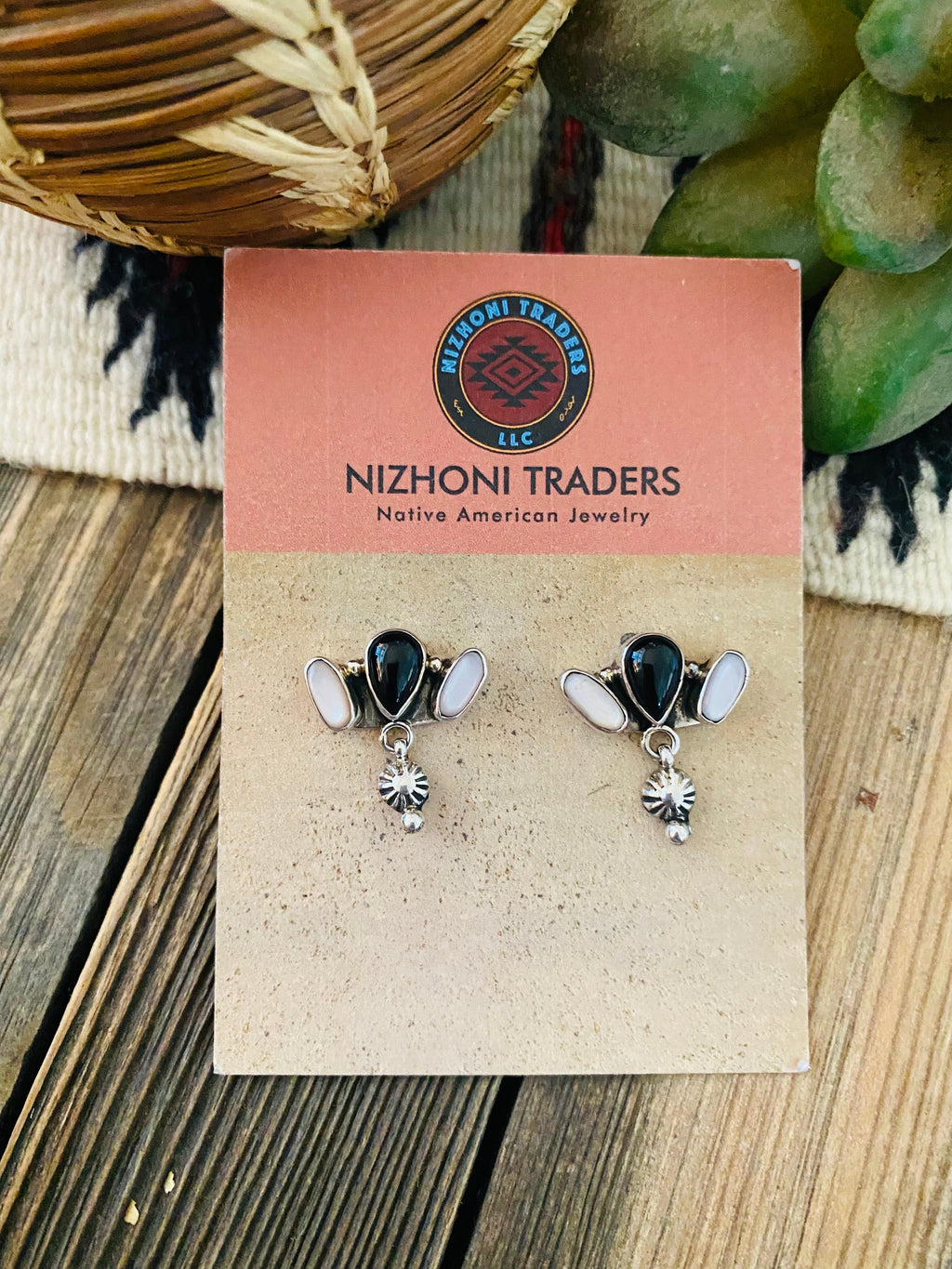 Navajo Mother of Pearl, Onyx & Sterling Silver Dangle Earrings Signed