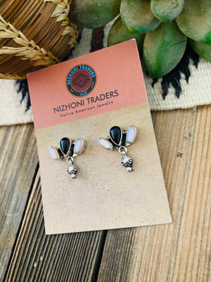 Navajo Mother of Pearl, Onyx & Sterling Silver Dangle Earrings Signed