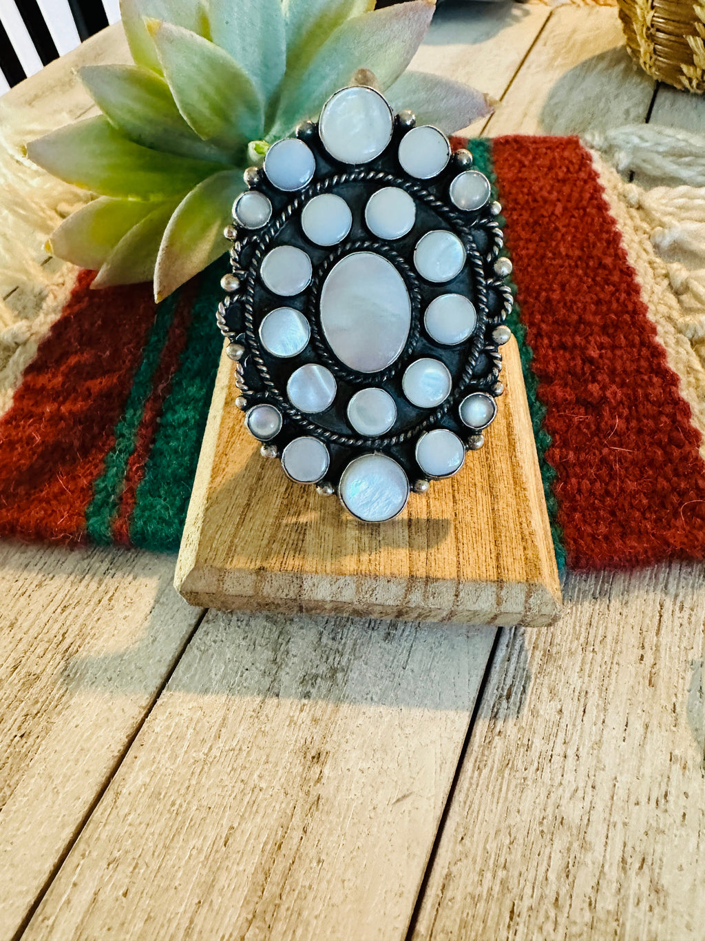 Navajo Sterling Silver & Mother of Pearl Cluster Ring Size 9
