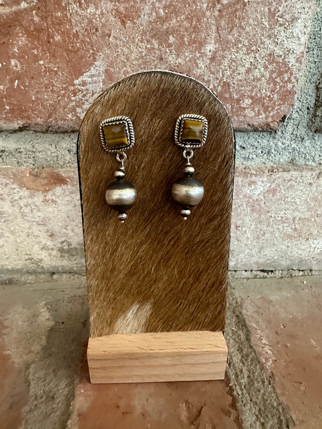 Nizhoni’s Handmade Sterling Silver Tigers Eye Navajo Pearl Style Dangle Earrings