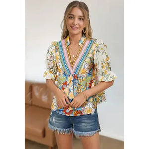 boho floral v neck half sleeve top