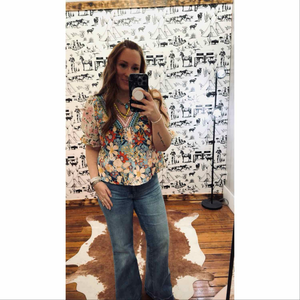 boho floral v neck half sleeve top