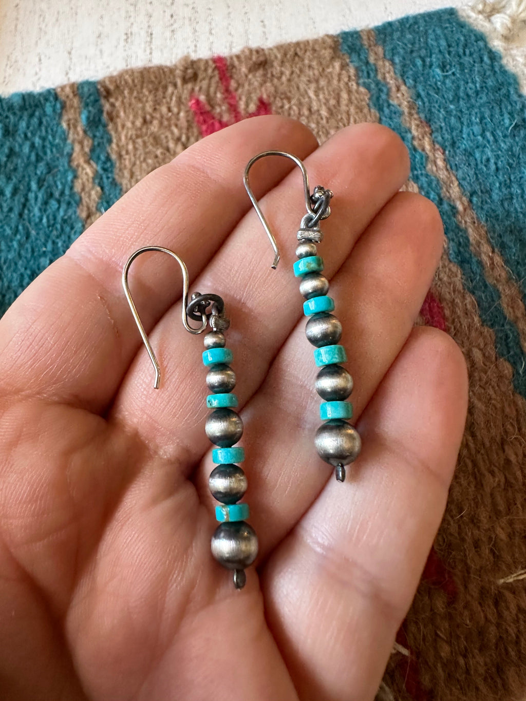 Nizhoni’s Handmade Sterling Silver & Turquoise Navajo Pearl Style Dangle Earrings 2”