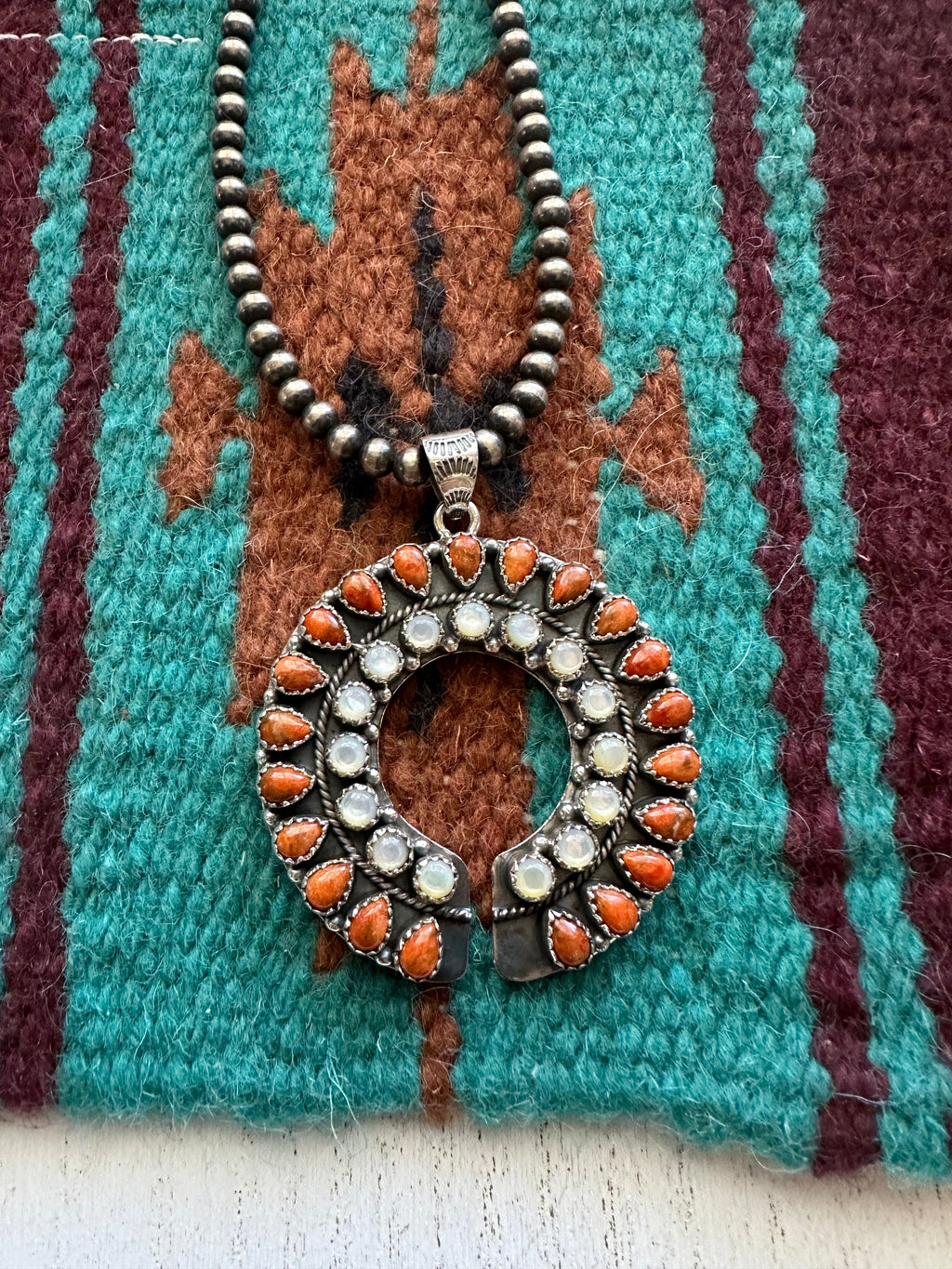 Handmade Sterling Silver & Orange Mojave, Pearl Naja Pendant Signed Nizhoni