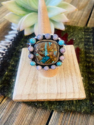 Handmade Sterling Silver, Turquoise & Mother of Pearl Cluster Adjustable Ring