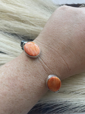Navajo Orange Spiny & Sterling Silver Navajo Pearls Adjustable Bracelet Signed Emer Thompson