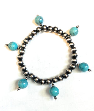 Turquoise & Sterling Silver Navajo Pearl Beaded Stretch Bracelet