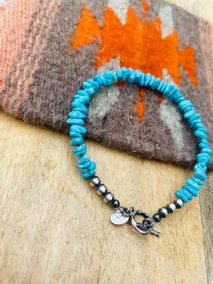 Navajo Sterling Silver Pearl & Turquoise Beaded Bracelet