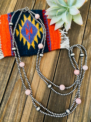 Navajo Sterling Silver Pearl, Turquoise & Queen Pink Conch Beaded Necklace 72”