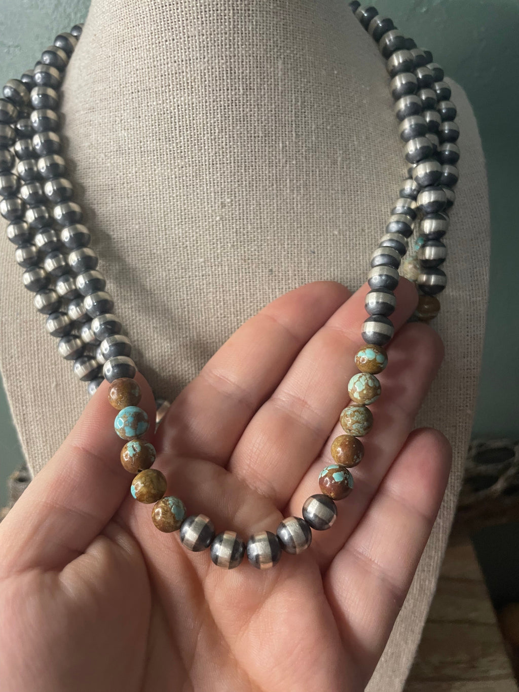 Navajo Sterling Silver Pearl & Turquoise Beaded Necklace 18 Inch