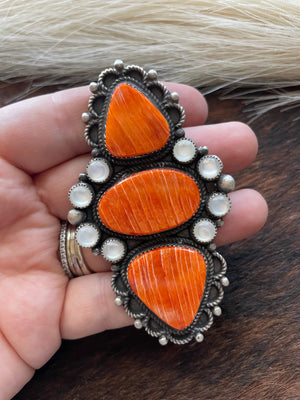 Devon Brown Navajo Sterling, Mother of Pearl Orange Spiny ring adjustable