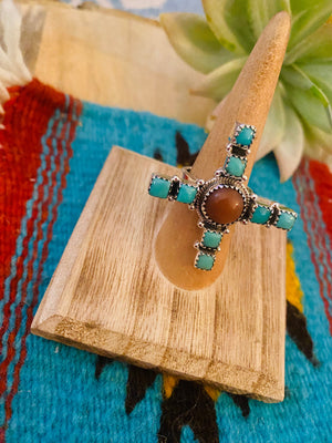Beautiful Sterling Silver, Mother of Pearl & Turquoise Adjustable Ring