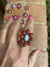 Handmade Sterling Silver Pearl & Natural Coral Necklace Set