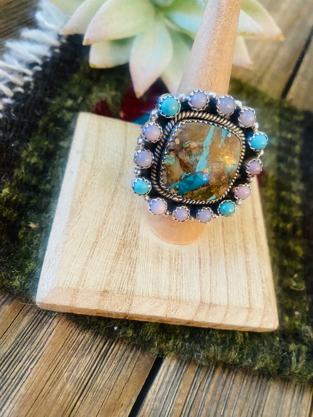 Handmade Sterling Silver, Turquoise & Mother of Pearl Cluster Adjustable Ring