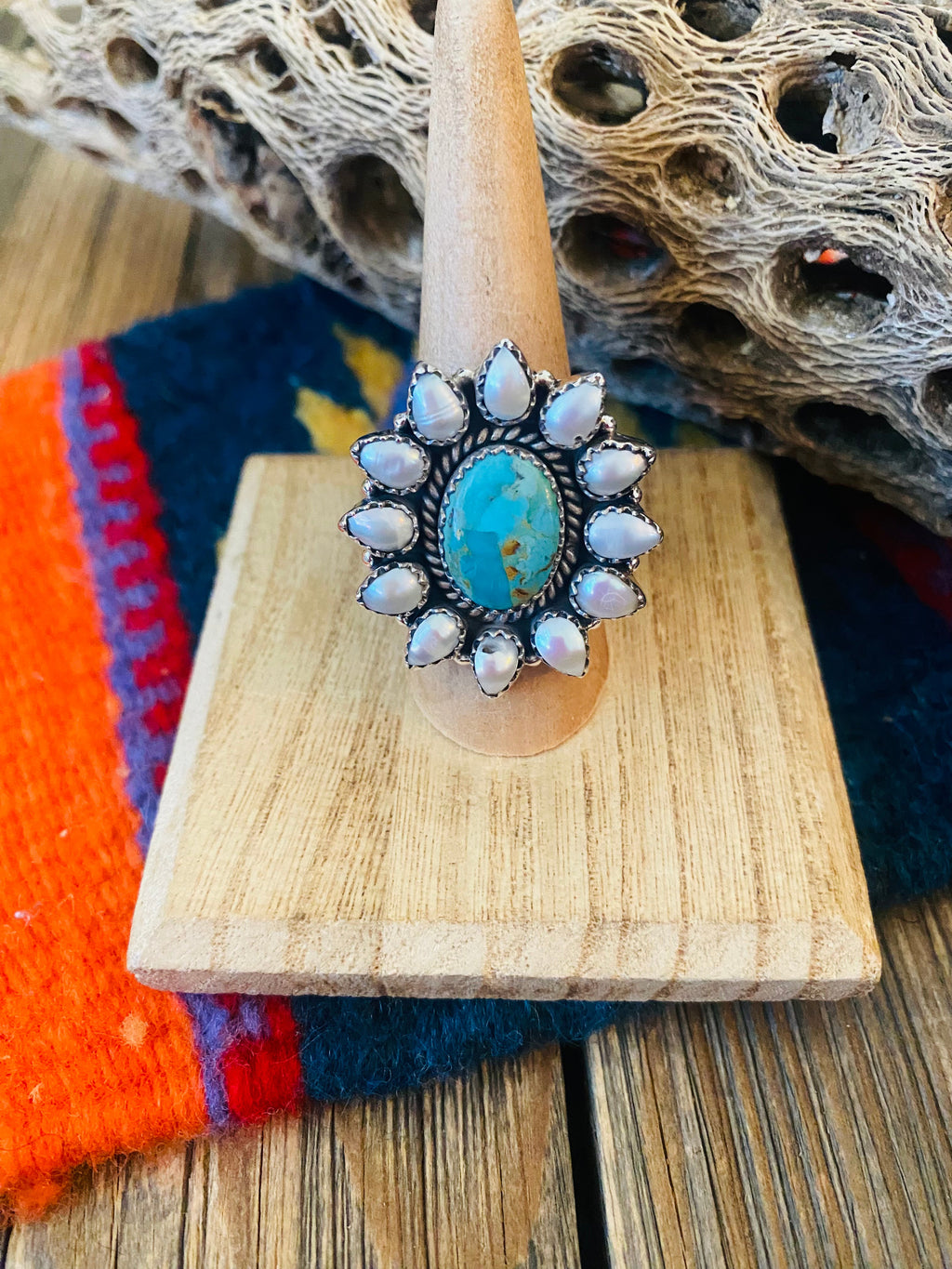 Handmade Sterling Silver, Turquoise & Pearl Adjustable Ring