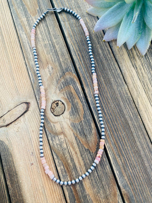 Sterling Silver Navajo Pearl & Pink Opal Beaded Necklace 18 inch