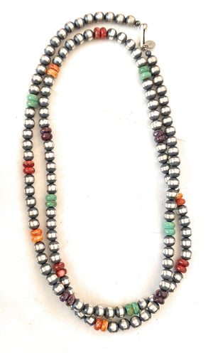 Navajo Multi Stone & Sterling Silver Pearl Beaded 30” Necklace