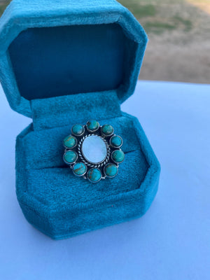 Handmade Sterling Silver Mother of Pearl & Kingman Turquoise Cluster Adjustable Ring