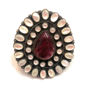 Navajo Sterling Silver, Mother of Pearl & Purple Spiny Cluster Adjustable Ring