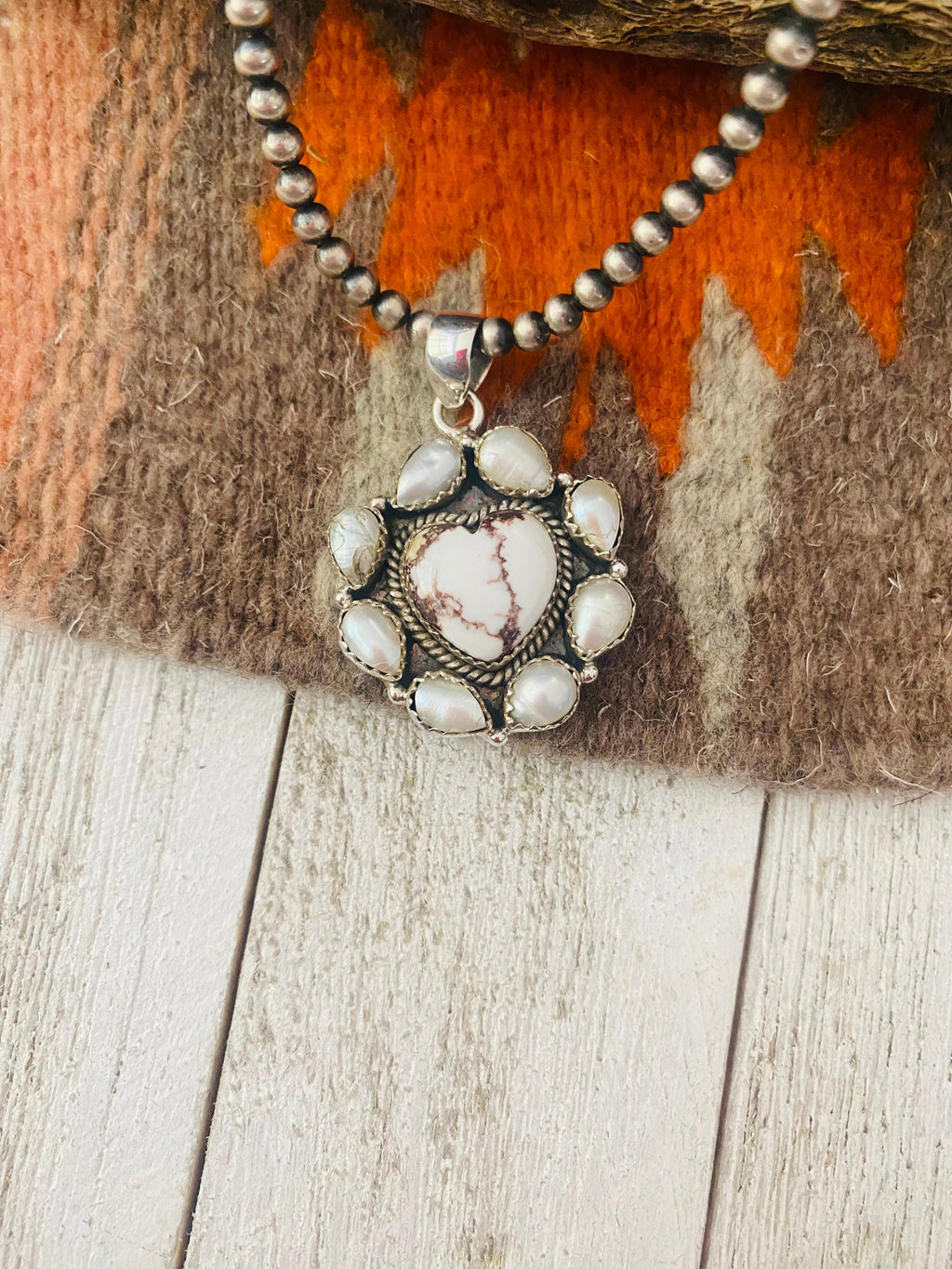 Handmade Sterling Silver, Pearl & Wild Horse Heart Cluster Pendant