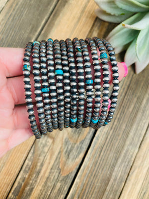 Navajo Turquoise & Sterling Silver Pearl Beaded Wrap Bracelet