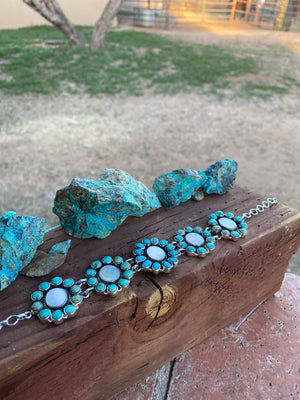 Handmade Sterling Silver Kingmam Turquoise & Mother of Pearl Choker