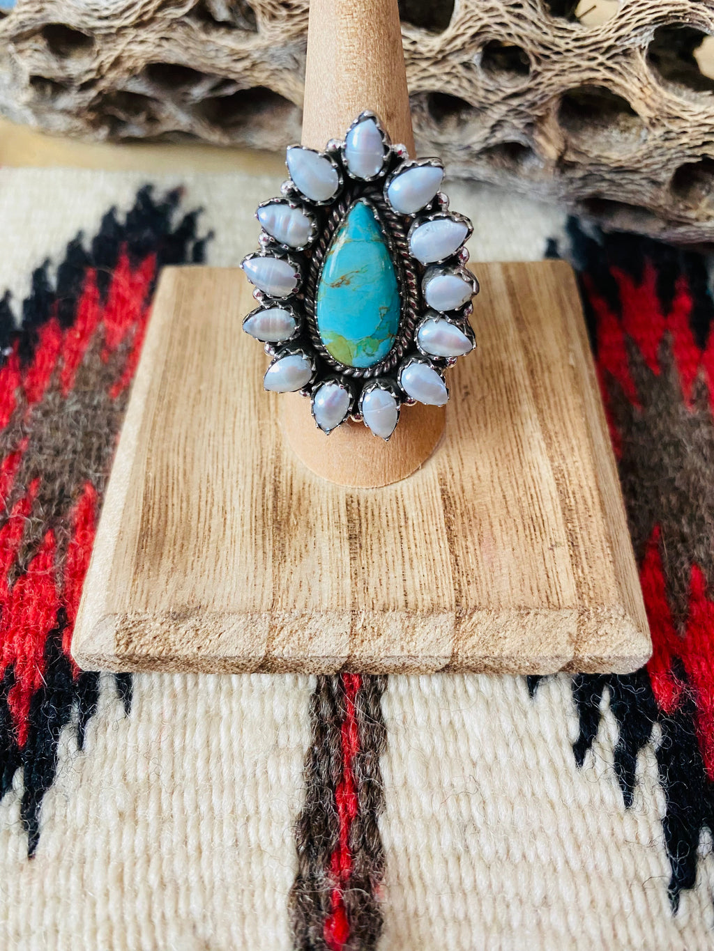 Handmade Sterling Silver, Turquoise & Pearl Cluster Adjustable Ring