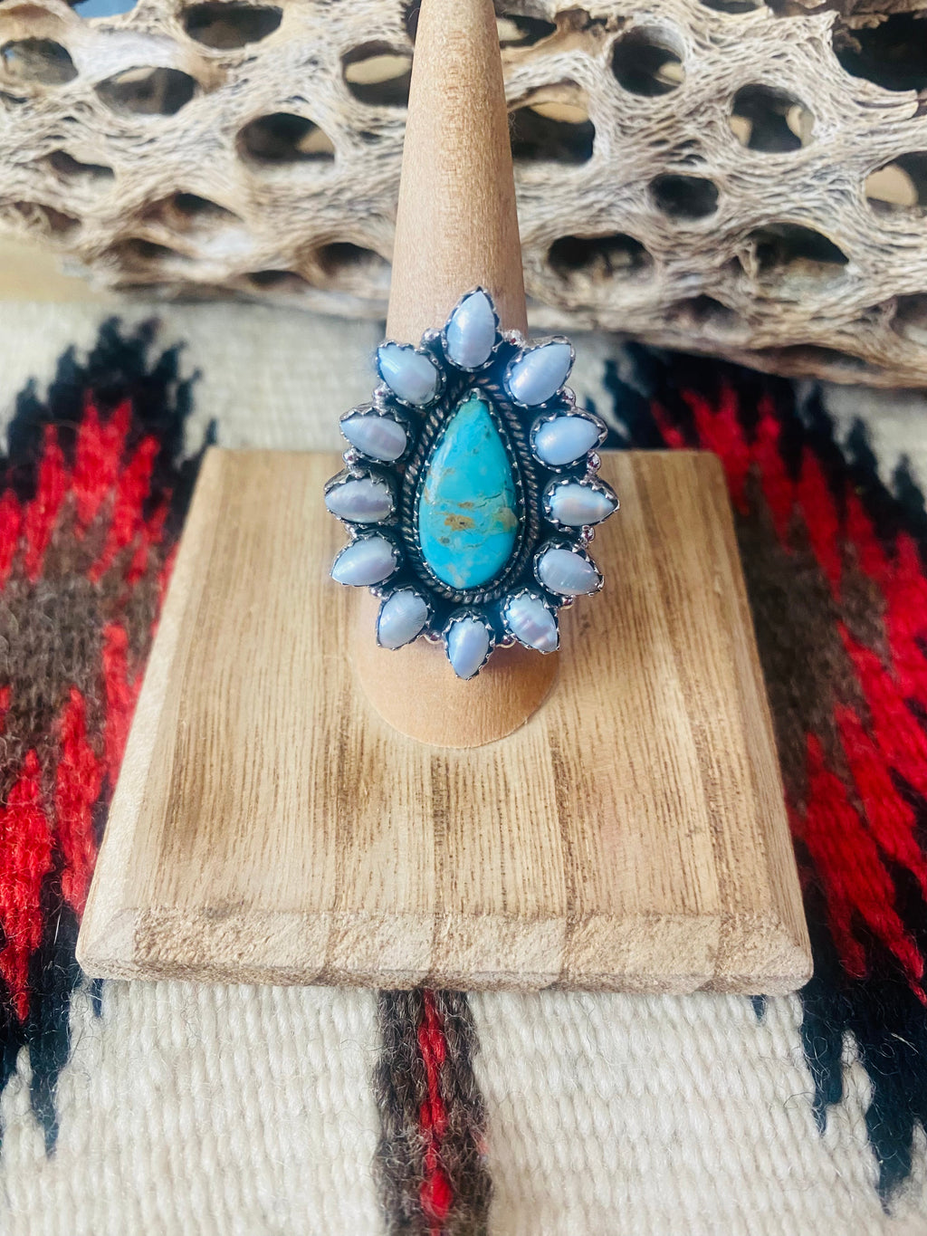 Handmade Sterling Silver, Turquoise & Pearl Cluster Adjustable Ring