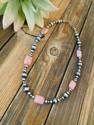 Navajo Sterling Silver Pearl & Pink Opal Beaded Necklace 16 inch