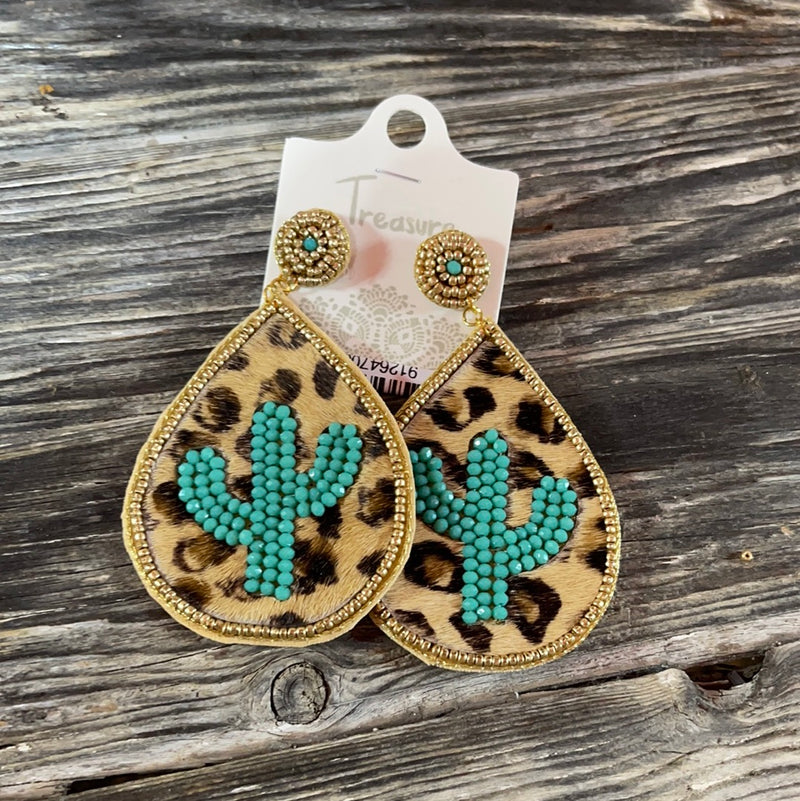 Cheetah beaded cactus earrings